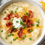 Creamy Baked Potato Soup topped with bacon, cheese, sour cream, and scallions
