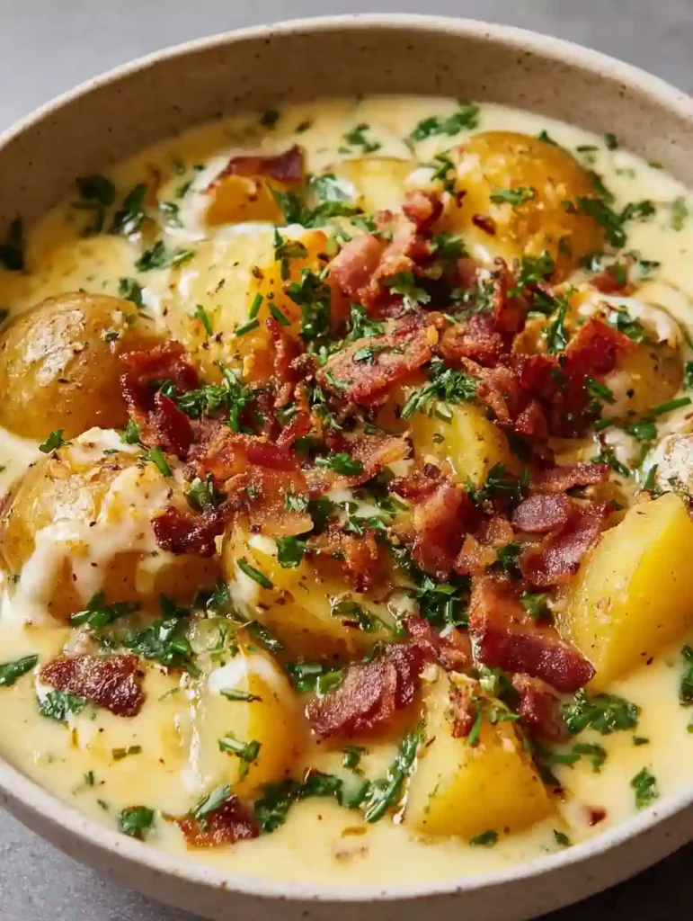 The Ultimate Cajun Potato Soup Recipe 4 Close-up of cajun potato soup with golden potatoes, crispy bacon, and fresh parsley in a creamy broth