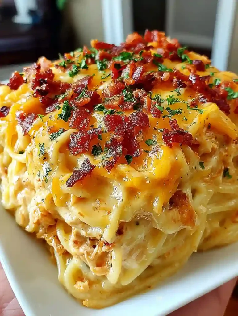 Easy Chicken Spaghetti Casserole Recipe 2 Chicken spaghetti casserole topped with crispy bacon, cheddar cheese, and parsley on a white plate
