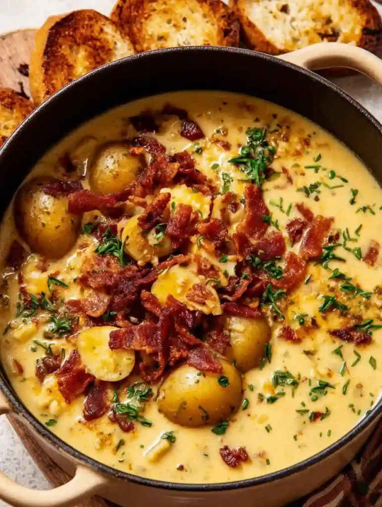 The Ultimate Cajun Potato Soup Recipe 2 Pot of creamy cajun potato soup with whole potatoes, bacon, and herbs served with toasted bread