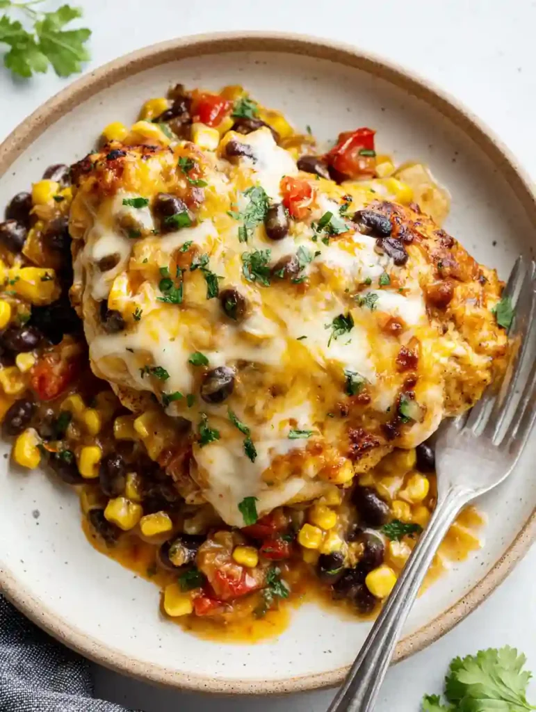 Santa Fe Chicken Skillet (Easy Tex-Mex Dinner in 30 Minutes) 4 Santa Fe Chicken Skillet served on a plate with black beans, corn, Rotel tomatoes, and melted cheese