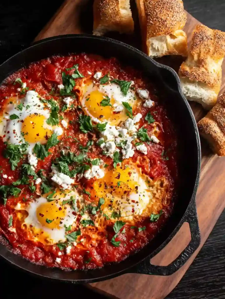 Shakshuka Recipe Easy Healthy One Pan Breakfast 3 Shakshuka recipe with poached eggs in spiced tomato sauce topped with herbs and feta in a black skillet
