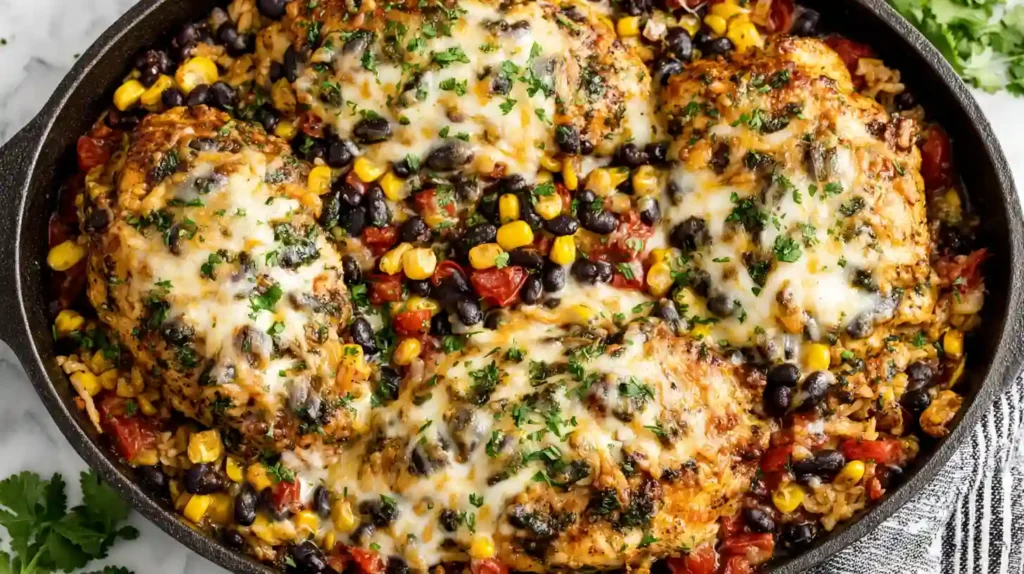 Santa Fe Chicken Skillet (Easy Tex-Mex Dinner in 30 Minutes) 1 Close-up of Santa Fe Chicken Skillet with corn, black beans, Rotel tomatoes, and melted cheese in a cast iron pan