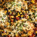 Close-up of Santa Fe Chicken Skillet with corn, black beans, Rotel tomatoes, and melted cheese in a cast iron pan