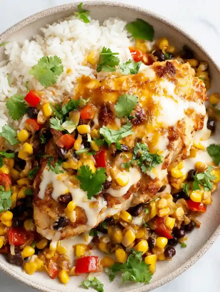 Santa Fe Chicken Skillet (Easy Tex-Mex Dinner in 30 Minutes) 3 Santa Fe Chicken Skillet topped with melted cheese, served with white rice, corn, beans, and fresh cilantro