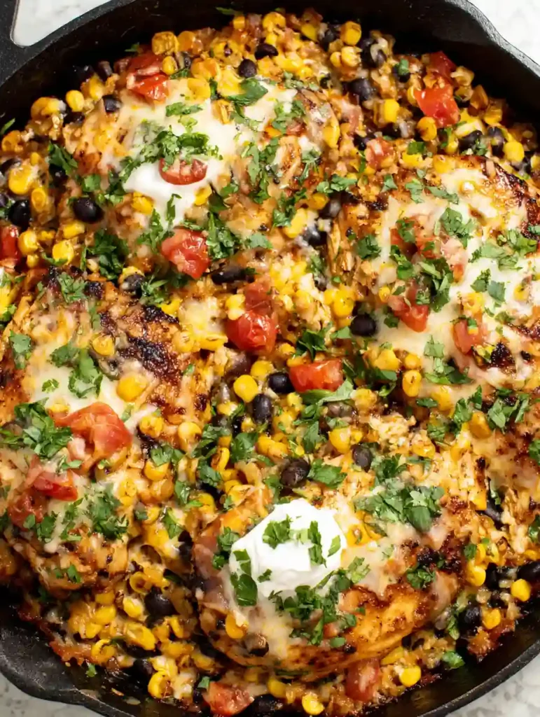 Santa Fe Chicken Skillet (Easy Tex-Mex Dinner in 30 Minutes) 2 Santa Fe Chicken Skillet topped with sour cream, black beans, corn, tomatoes, and cilantro in a cast iron pan
