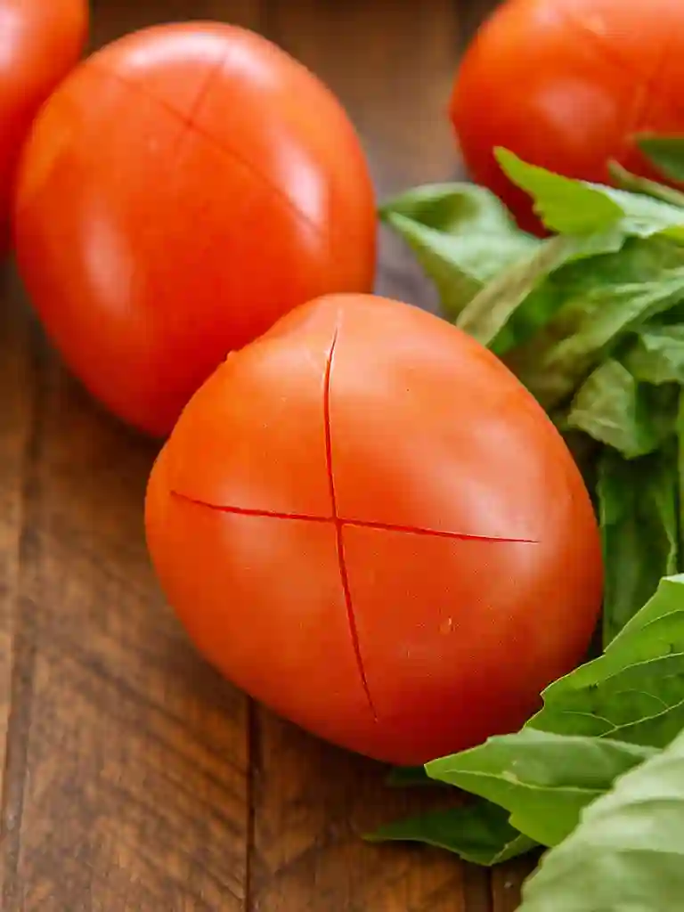 Close-up of plum tomato scored with an X for peeling in Margherita sauce preparation