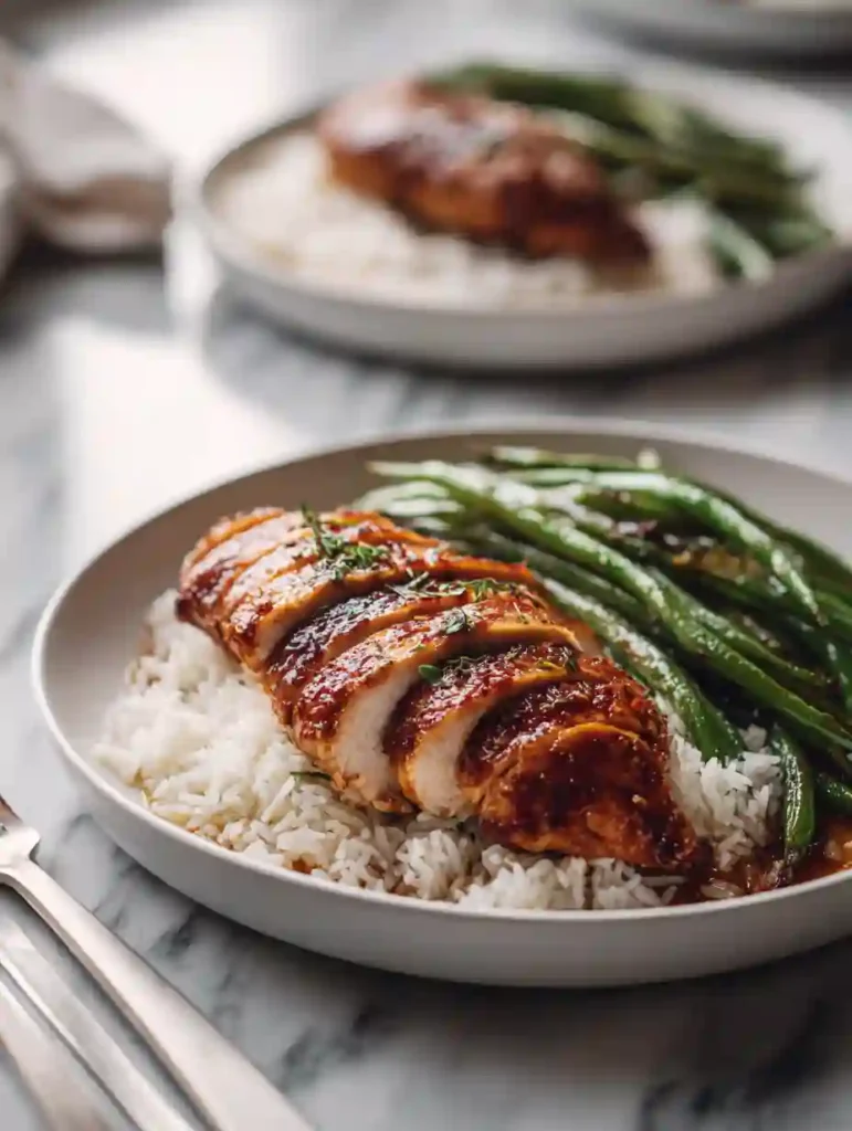 Brown Sugar Garlic Chicken Recipe Easy Baked Chicken Breast 4 Sliced brown sugar garlic chicken on rice with green beans on marble surface