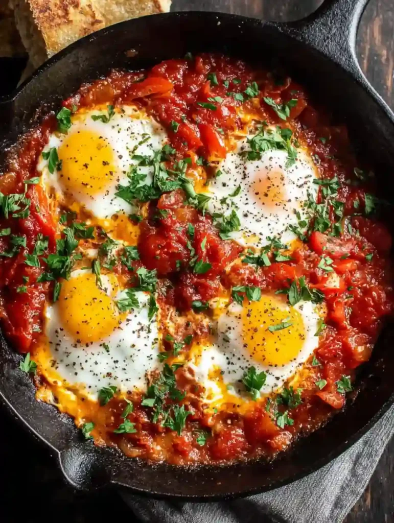 Shakshuka Recipe Easy Healthy One Pan Breakfast 2 Shakshuka recipe with sunny-side eggs in tomato sauce, garnished with herbs, served in a cast iron skillet