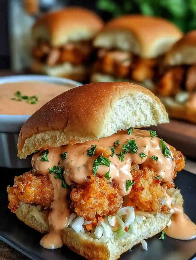 Bang Bang Chicken Sliders Recipe 2 Close-up of Bang Bang Chicken Slider with crispy chicken, creamy coleslaw, spicy sauce, and herbs on a soft toasted bun