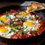 Shakshuka recipe in a black skillet with poached eggs, tomato sauce, parsley, and crumbled feta