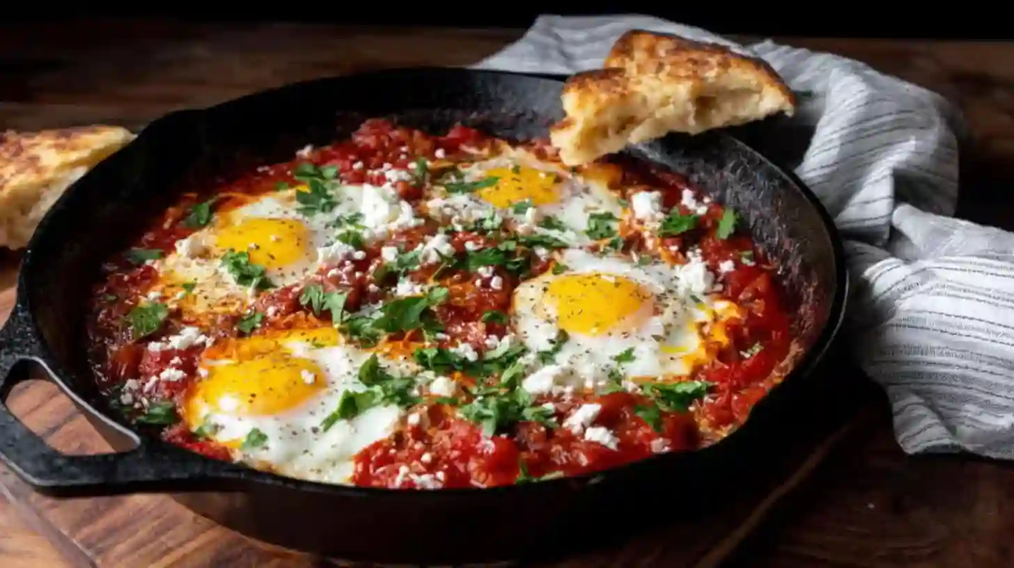 Shakshuka Recipe Easy Healthy One Pan Breakfast 4 Shakshuka recipe in a black skillet with poached eggs, tomato sauce, parsley, and crumbled feta