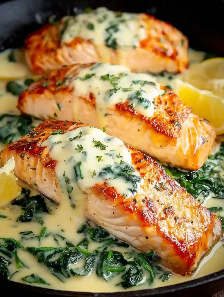 Creamy Salmon Florentine Recipe 2 Skillet-cooked Salmon Florentine in garlic cream sauce with spinach and lemon