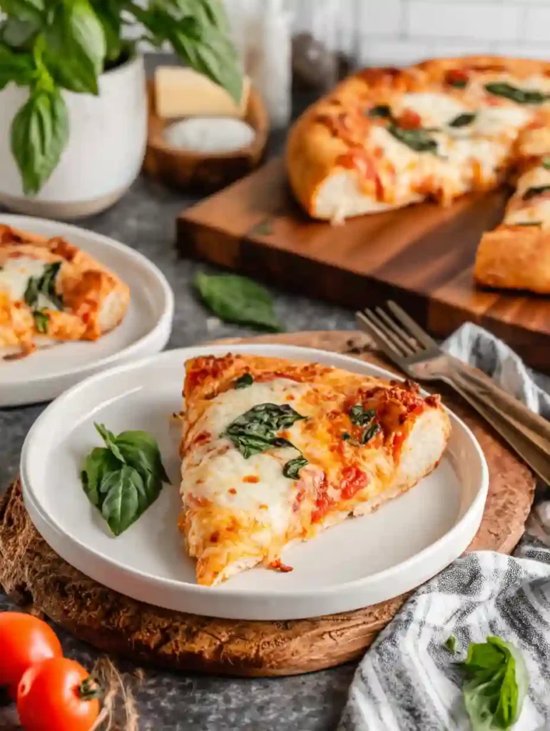Margherita Pizza Recipe 4 Margherita Pizza slice served on a white plate with melted mozzarella and fresh basil