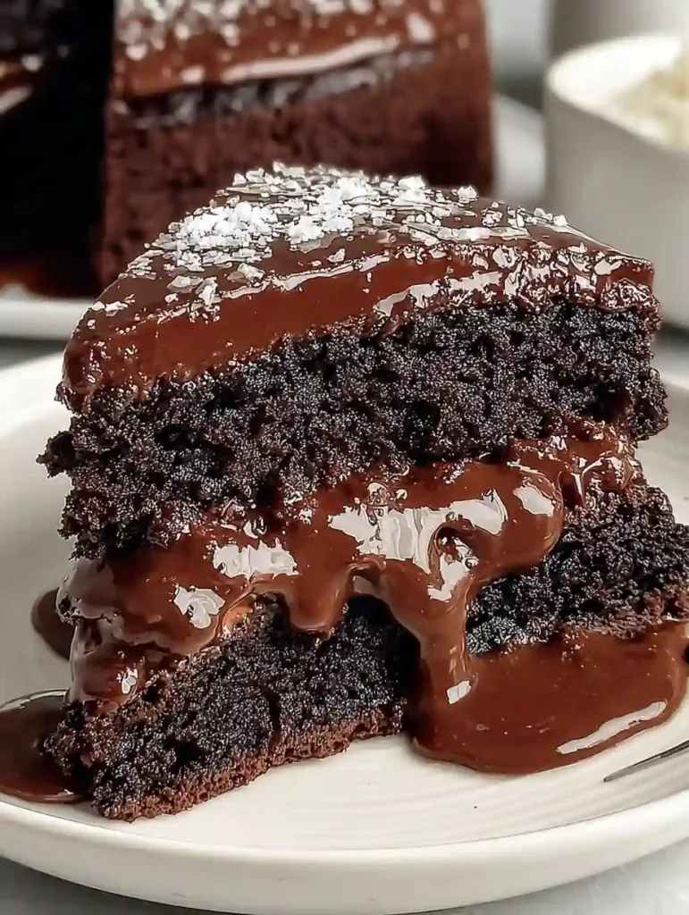 Decadent Chocolate Cake Recipe for True Chocolate Lovers 3 A thick slice of Chocolate Cake with melting ganache layers and sea salt flakes on top
