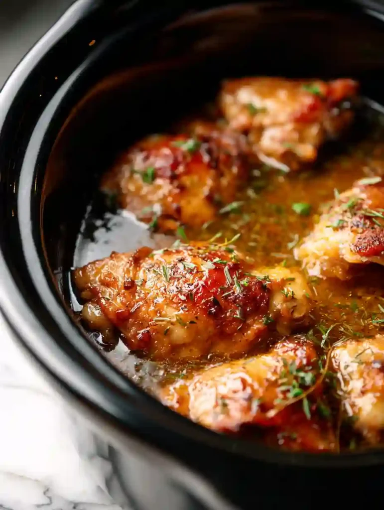 Brown Sugar Garlic Chicken Recipe Easy Baked Chicken Breast 3 Brown sugar garlic chicken thighs simmering in slow cooker on marble surface