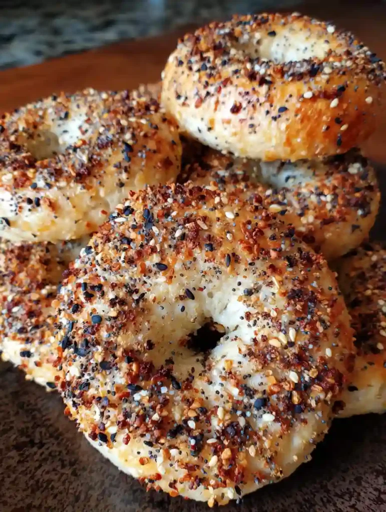 Sourdough Discard Bagels Recipe 3 Pile of sourdough discard bagels topped with seasoning and cooling on a dark surface