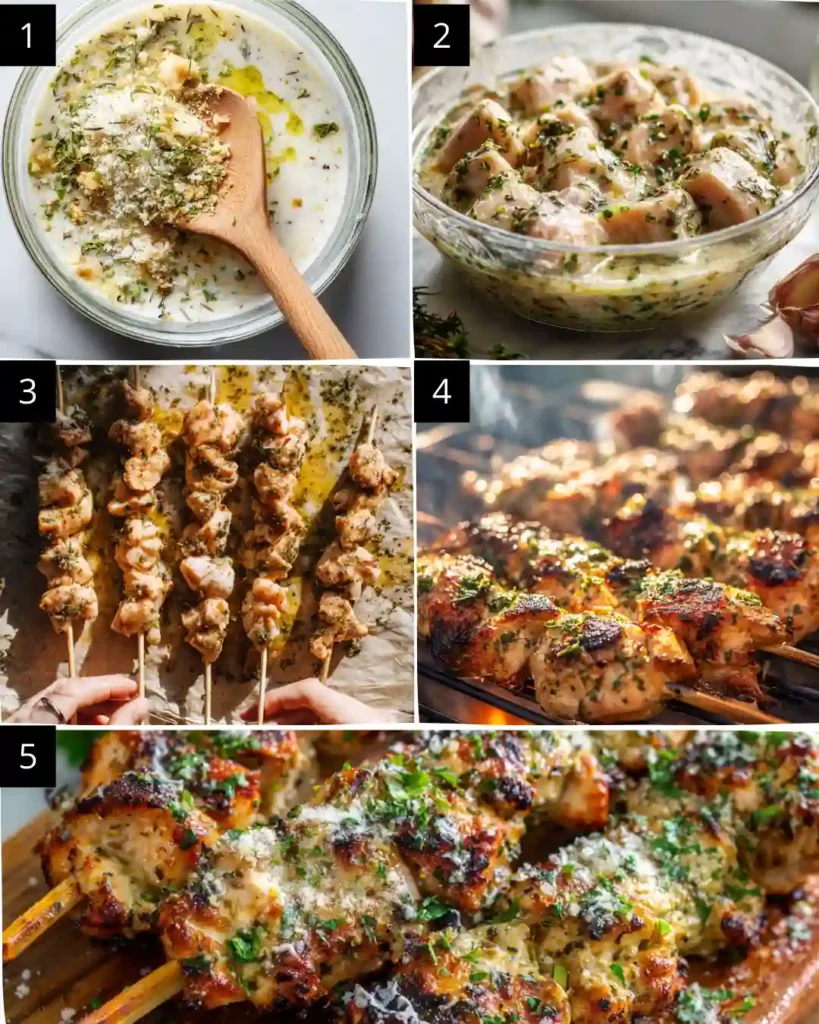 Garlic Parmesan Chicken Skewers Recipe 2 Garlic Parmesan Chicken Skewers preparation process from marinade to grilling and final serving