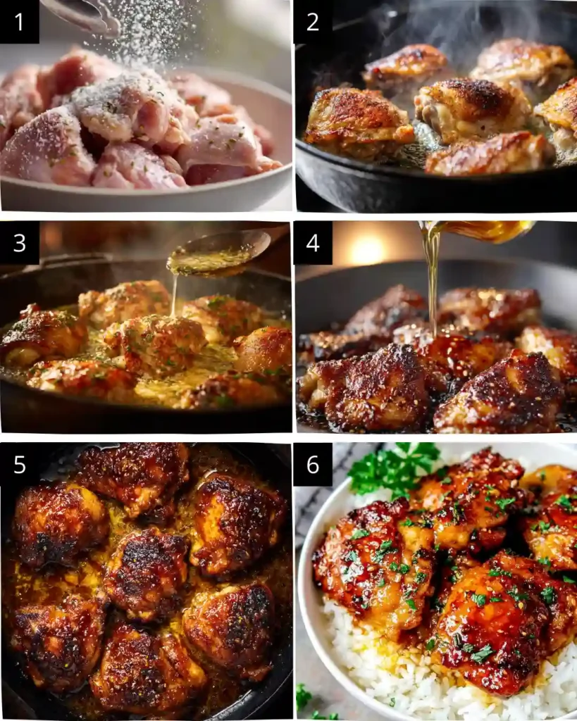 Honey Garlic Chicken Thighs Recipe 2 Six-step visual process showing how to make honey garlic chicken thighs from raw to plated over rice