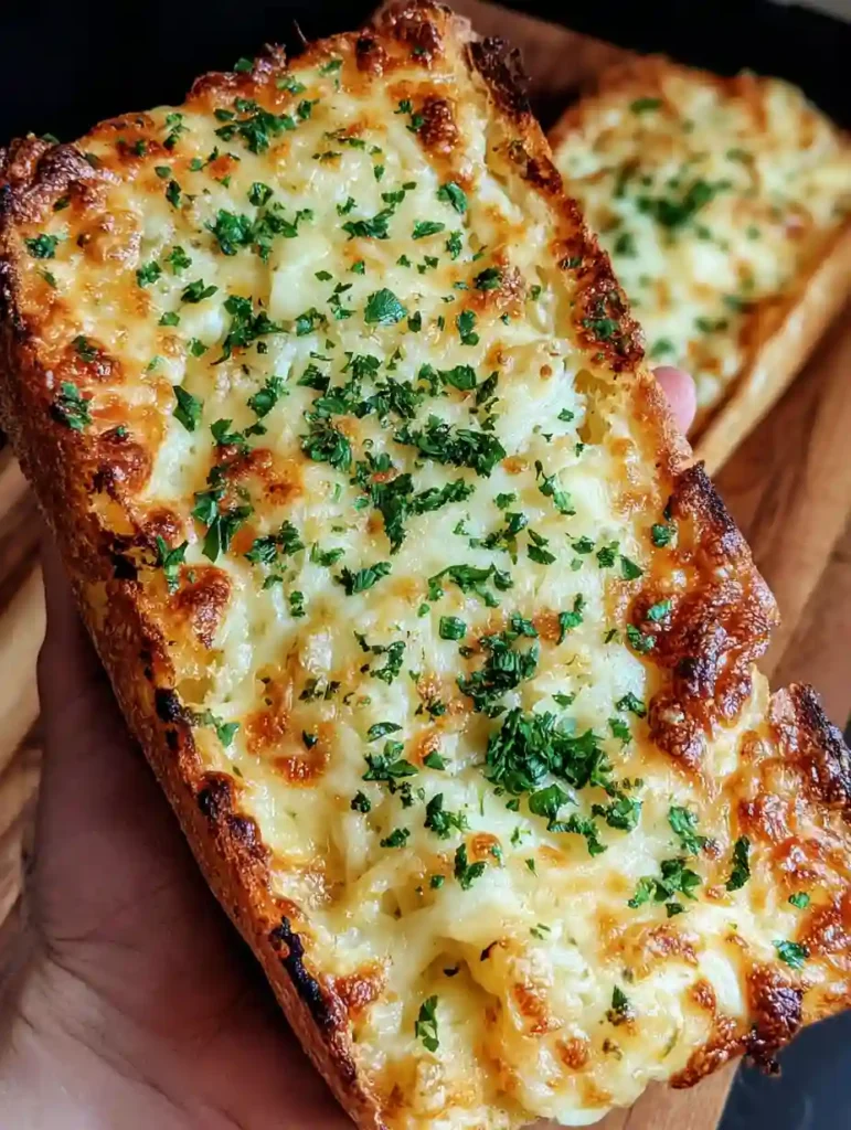 Cheesy Garlic Bread Recipe 4 Hand holding a thick slice of cheesy garlic bread with golden cheese and chopped parsley