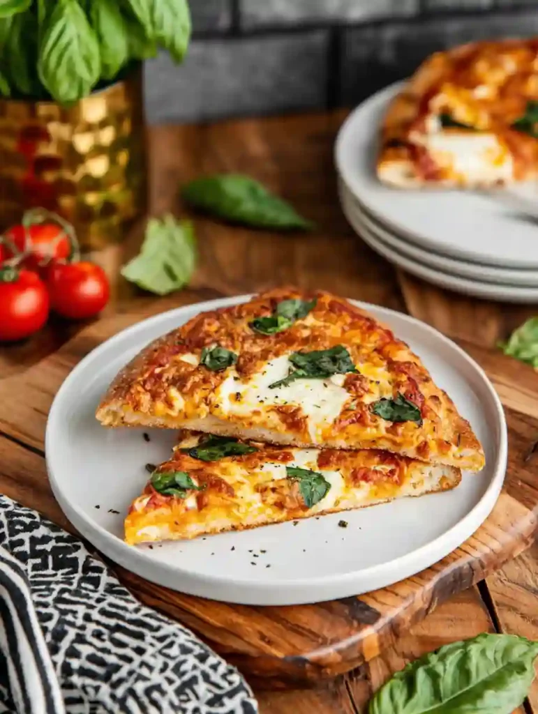 Margherita Pizza Recipe 2 Margherita Pizza slices topped with fresh basil and melted mozzarella on a white plate