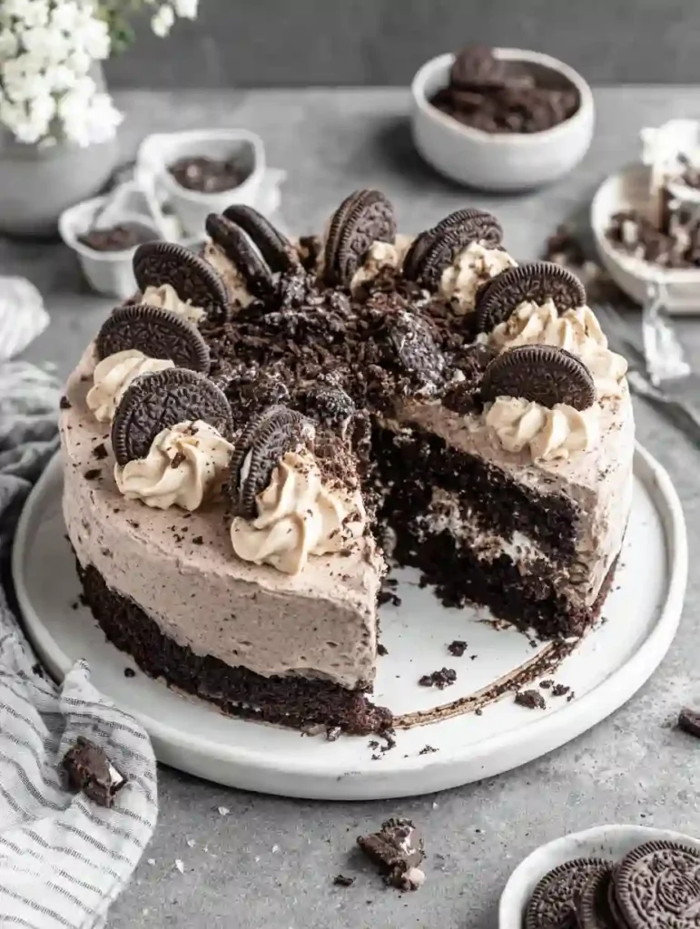 Irresistible Chocolate Oreo Cake Recipe 2 Chocolate Oreo Cake decorated with Oreo cookies and cream frosting