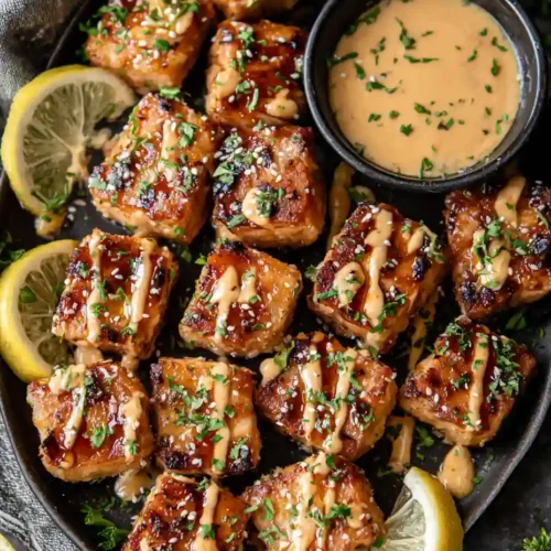 Bang Bang Salmon Bites drizzled with sauce and served with lemon slices and creamy dip