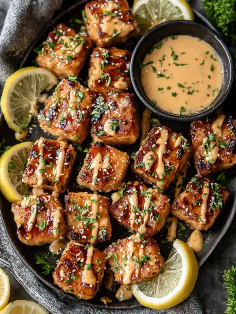 Bang Bang Salmon Bites drizzled with sauce and served with lemon slices and creamy dip