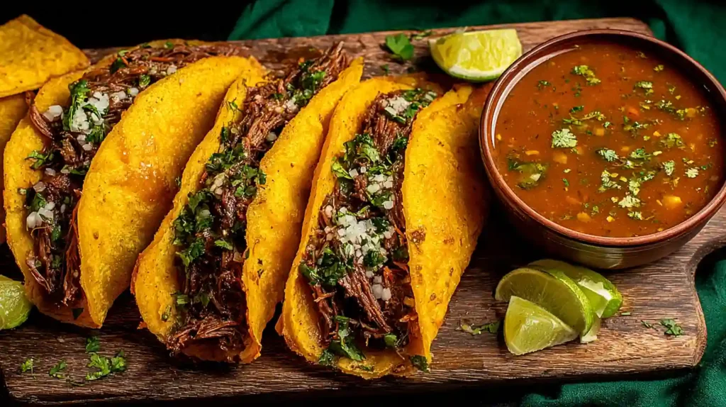 Best Birria Tacos Recipe Crispy, Cheesy, Authentic 1 Birria Tacos served with dipping consomé and lime wedges on a wooden board
