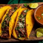 Best Birria Tacos Recipe Crispy, Cheesy, Authentic 10 Birria Tacos served with dipping consomé and lime wedges on a wooden board