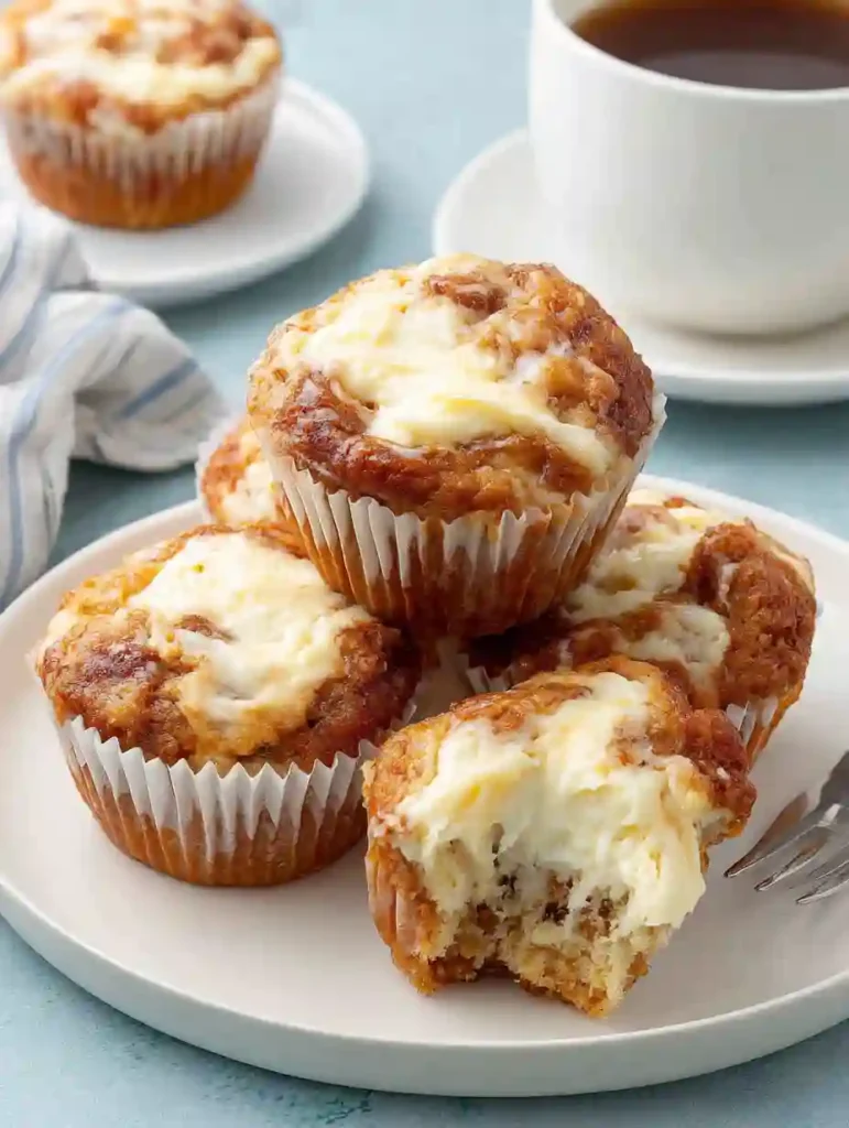 Banana Cream Cheese Muffins Recipe 3 Banana Cream Cheese Muffins with creamy swirl on a plate beside a cup of coffee