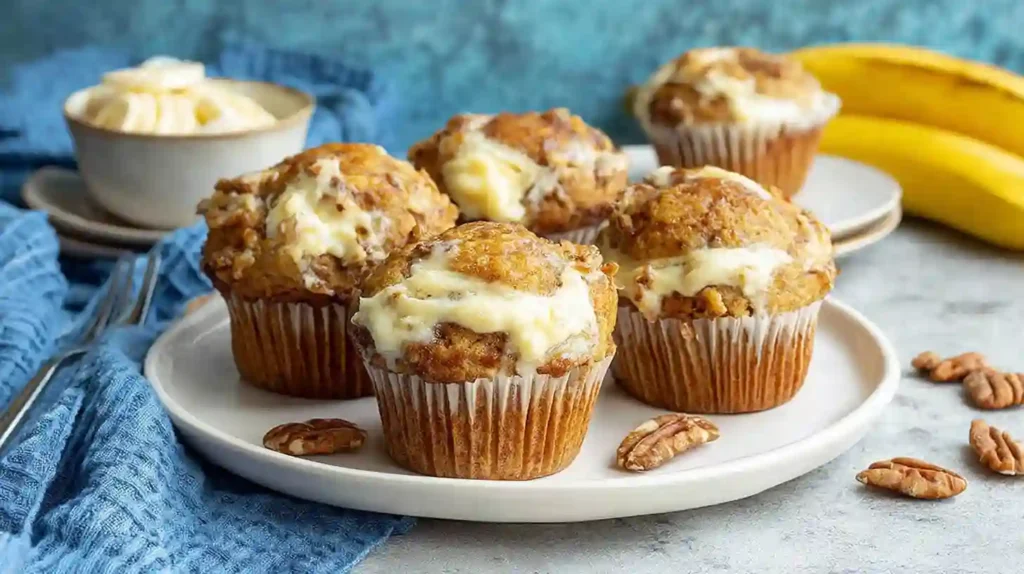 Banana Cream Cheese Muffins Recipe 1 Freshly baked Banana Cream Cheese Muffins with pecans on a plate