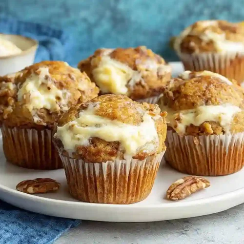 Banana Cream Cheese Muffins Recipe 4 Freshly baked Banana Cream Cheese Muffins with pecans on a plate