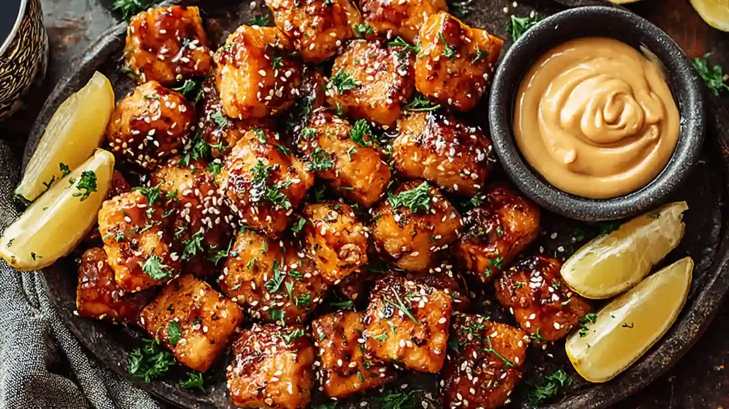 Bang Bang Salmon Bites served with creamy dipping sauce and lemon wedges on a dark plate