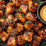 Bang Bang Salmon Bites in Air Fryer Easy, Healthy, Flavorful 9 Bang Bang Salmon Bites served with creamy dipping sauce and lemon wedges on a dark plate