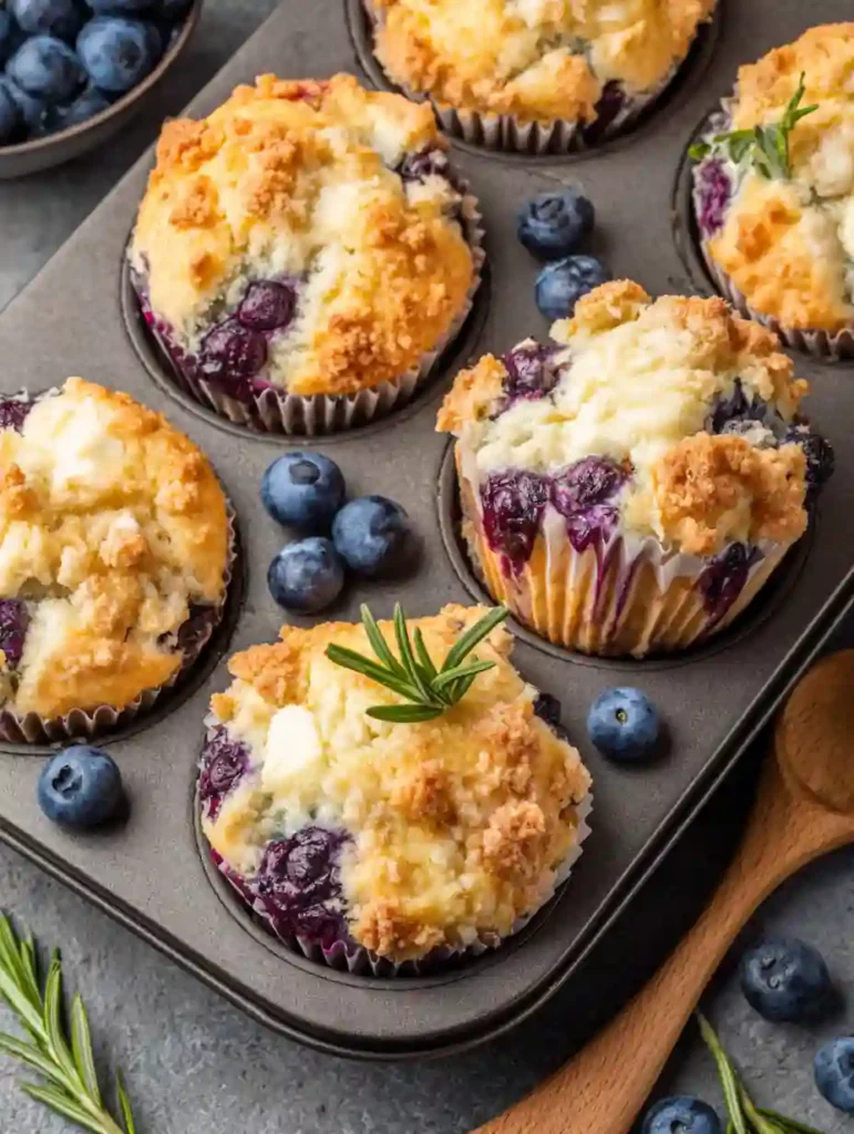 Irresistible Blueberry Cream Cheese Muffins 2 Blueberry Cream Cheese Muffins in baking tin with streusel topping and fresh blueberries
