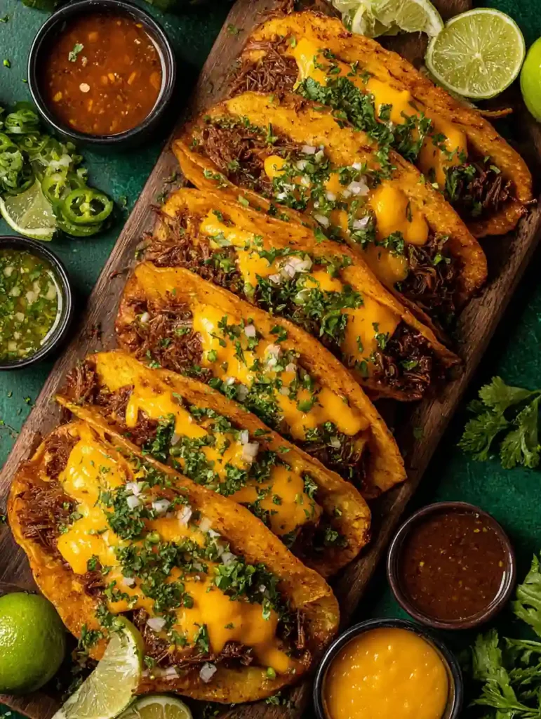 Best Birria Tacos Recipe Crispy, Cheesy, Authentic 3 Birria Tacos topped with melted cheese, garnished with cilantro and onions, surrounded by salsas
