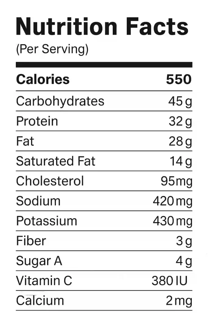 Cheesy Chicken Pasta Dinner Recipe 3 Nutrition facts label for cheesy chicken pasta showing calories, macros, and micronutrients per serving