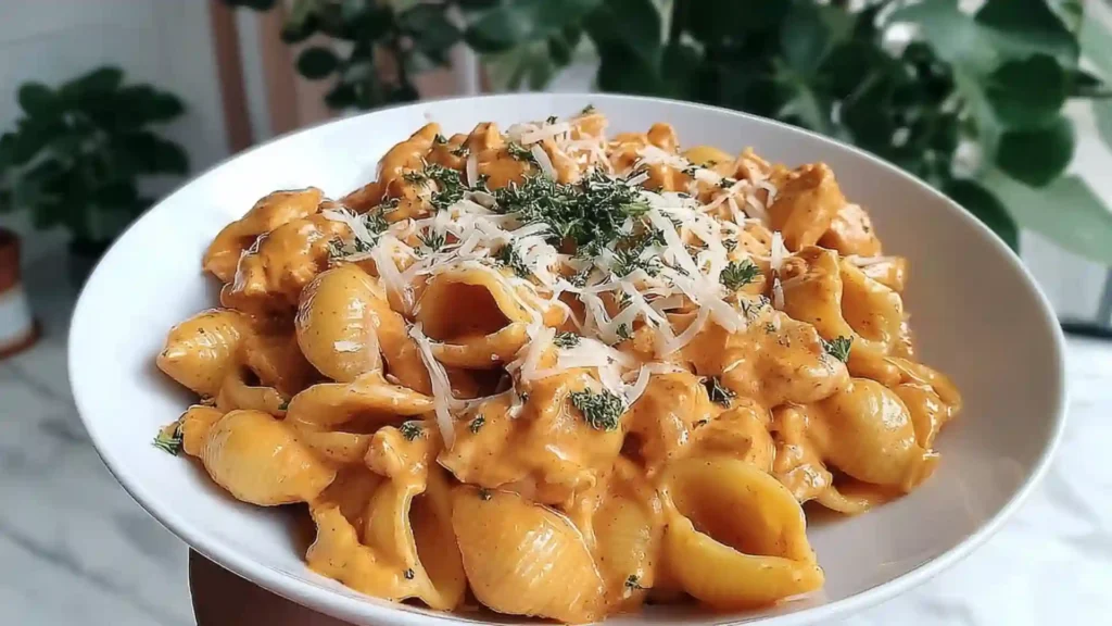 Cheesy Chicken Pasta Dinner Recipe 1 Bowl of cheesy chicken pasta topped with grated cheese and herbs