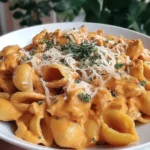 Bowl of cheesy chicken pasta topped with grated cheese and herbs