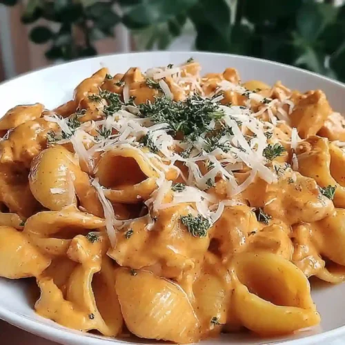 Cheesy Chicken Pasta Dinner Recipe 5 Bowl of cheesy chicken pasta topped with grated cheese and herbs