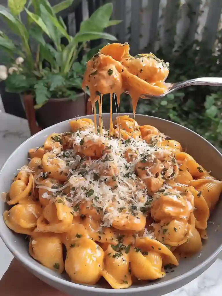 Cheesy Chicken Pasta Dinner Recipe 4 Spoon lifting cheesy chicken pasta with melty cheese pull over pasta bowl