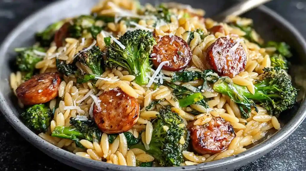 Chicken Sausage and Broccoli Orzo Recipe 1 Bowl of Chicken Sausage and Broccoli Orzo pasta topped with Parmesan