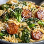 Bowl of Chicken Sausage and Broccoli Orzo pasta topped with Parmesan