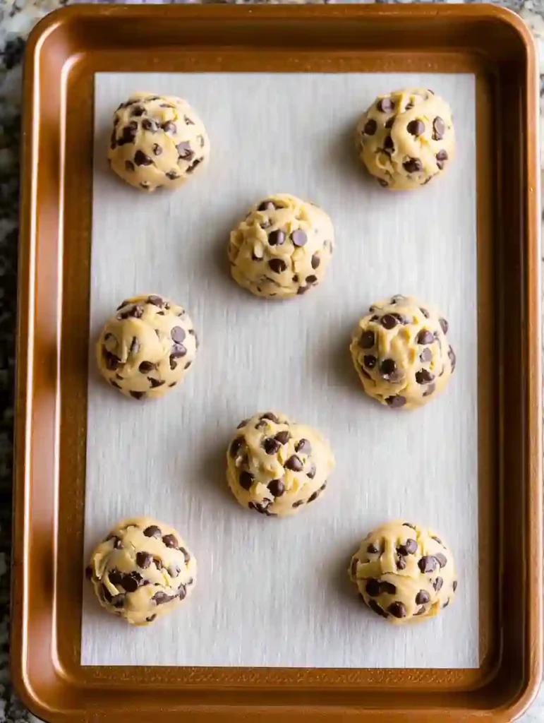 Best Chocolate Chip Cookie Recipe Ever 2 Chocolate chip cookie dough scoops on parchment-lined baking tray ready to bake