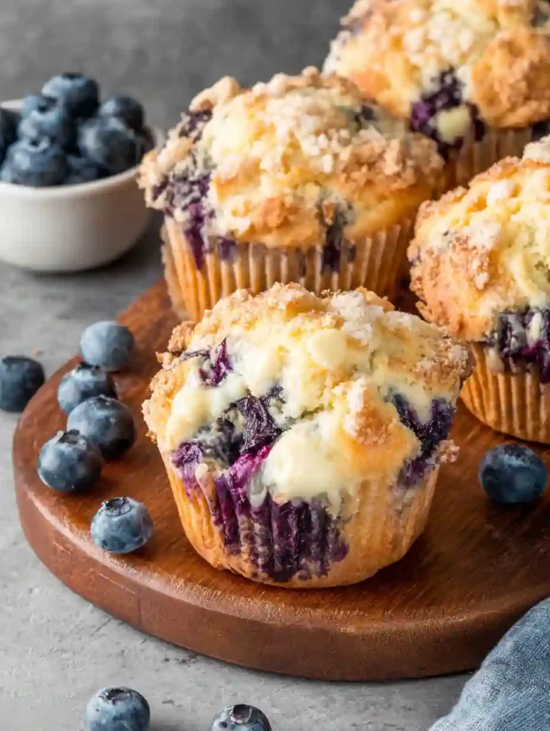 Irresistible Blueberry Cream Cheese Muffins 3 Blueberry Cream Cheese Muffins topped with streusel, displayed on a round wooden board with fresh blueberries