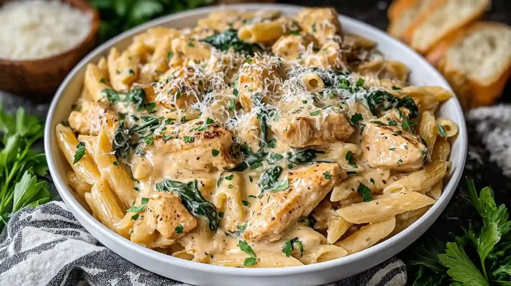 Healthy Garlic Parmesan Chicken Pasta Recipe 1 Close-up of creamy garlic parmesan chicken pasta with spinach and grilled chicken in a white bowl