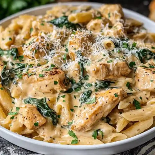 Healthy Garlic Parmesan Chicken Pasta Recipe 4 Close-up of creamy garlic parmesan chicken pasta with spinach and grilled chicken in a white bowl