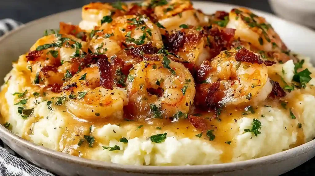 Creamy Garlic Shrimp Over Mashed Potatoes Easy Fancy Dinner 1 Creamy Garlic Shrimp Over Mashed Potatoes served on a plate with sauce and parsley