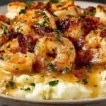 Creamy Garlic Shrimp Over Mashed Potatoes Easy Fancy Dinner 10 Creamy Garlic Shrimp Over Mashed Potatoes served on a plate with sauce and parsley